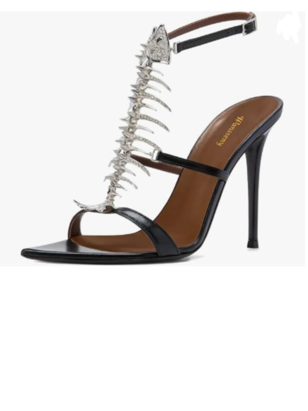 Wansseny Black Open Toe Fishbone Rhinestones Ankle Strap High Heels Sandals